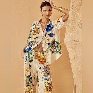 Commense - Satin Graffiti Lapel Pants Set